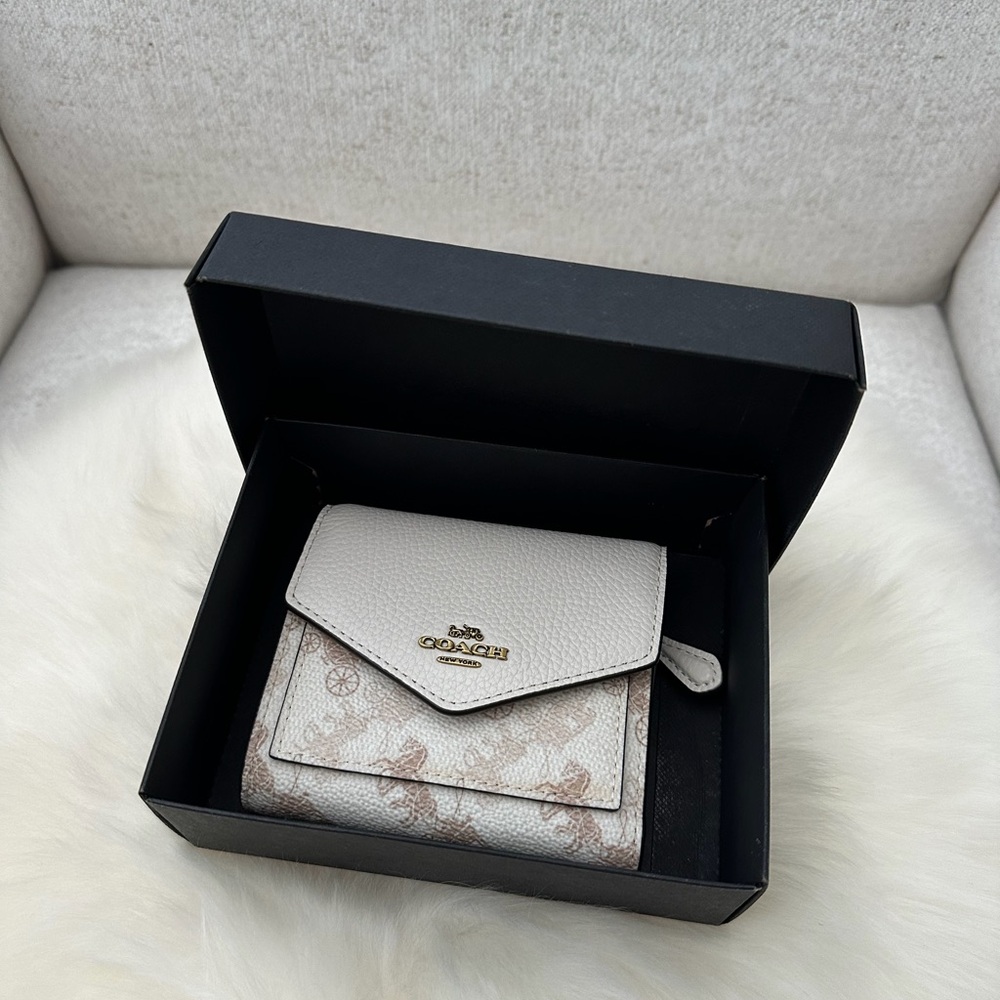 Coach White and Light Brown Signature Small Trifold Wallet